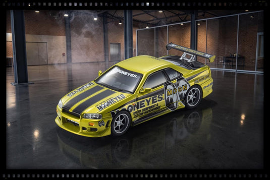 NISSAN SKYLINE GT-R (R34) MOONEYES 1 WITH LED 2026 + MOTN LED BASE SYSTEM BLACK 2025 KYOSHO 1:64