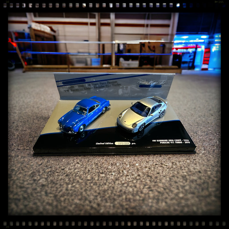 Load image into Gallery viewer, DOUBLE SET: POSCHE 911 TURBO (997) 2010 SILVER / VW KARMANN GHIA COUPE 1955 BLUE 20 YEARS MINICHAM (LIMITED EDITION Nr.970/2028 pieces) MINICHAMPS 1:43
