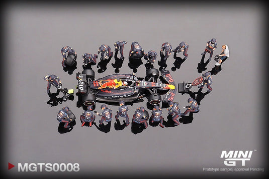 Oracle Red Bull Racing RB18 #11 Sergio Perez Abu Dhabi Grand Prix 2022 Pit Crew-set. Deze set bevat 1 model de MGT00538 (LIMITED EDITION 5000 stuks) MINI GT 1:64