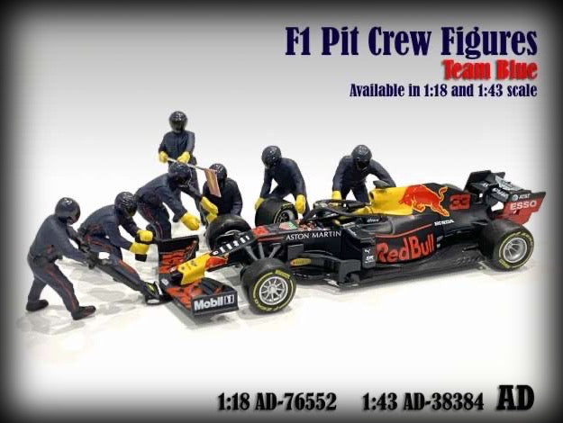 F1 Pit Crew Figures set #1 Team Blue-Purple 7 figurines (Voiture non incluse) AMERICAN DIORAMA 1:18