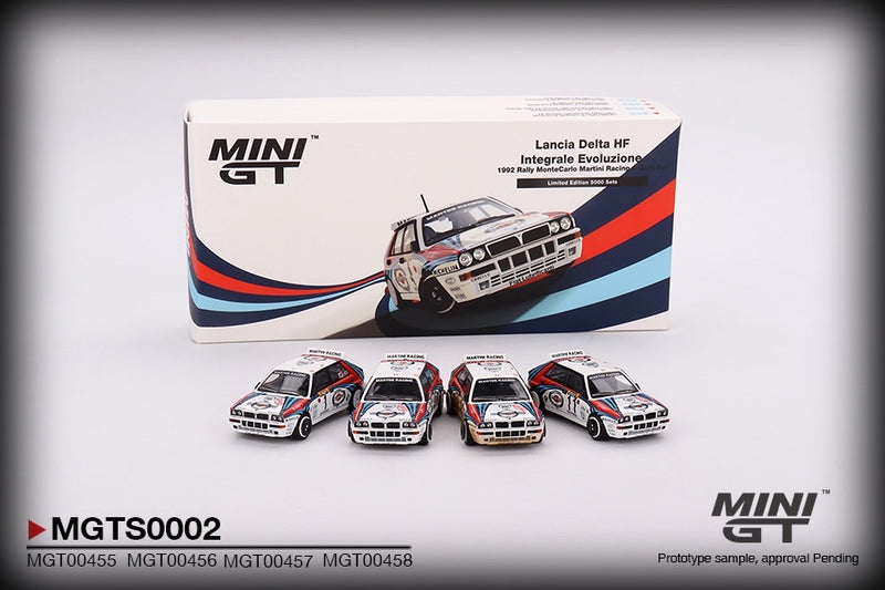 Load image into Gallery viewer, Lancia Delta HF Integrale Evoluzione Rally Monte Carlo 1992 Martini Racing set of 4 MINI GT 1:64

