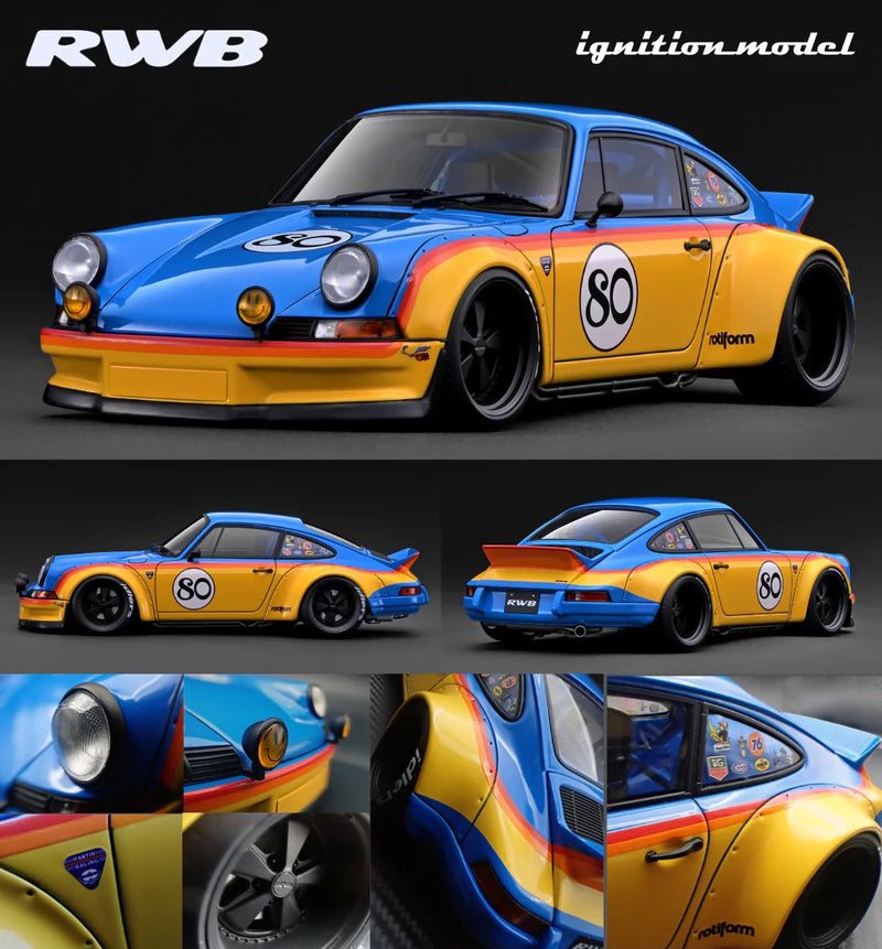 Laad de afbeelding in de Gallery-viewer, Porsche RWB BACKDATE BLAUW/GEEL IGNITION MODEL 1:18
