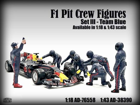 F1 Pit Crew Figures set #3, Team Blauw-Paars 7 figuren. (Auto niet inbegrepen) AMERICAN DIORAMA 1:18