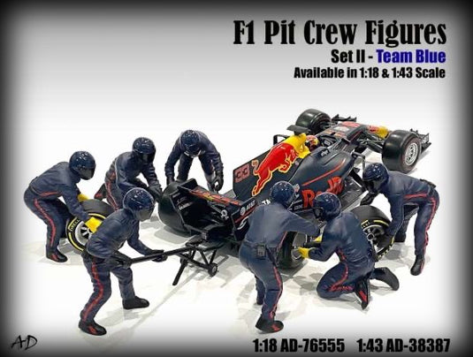 F1 Pit Crew Figures set #2, Team Blauw-Paars 7 figuren. (Auto niet inbegrepen) AMERICAN DIORAMA 1:18