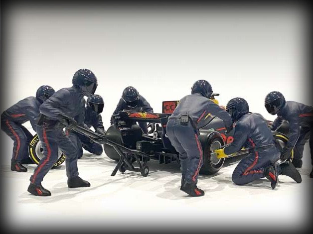 Load image into Gallery viewer, F1 Pit Crew Figures set #2, Team Blue-Purple 7 figures. (Car not included) AMERICAN DIORAMA 1:18
