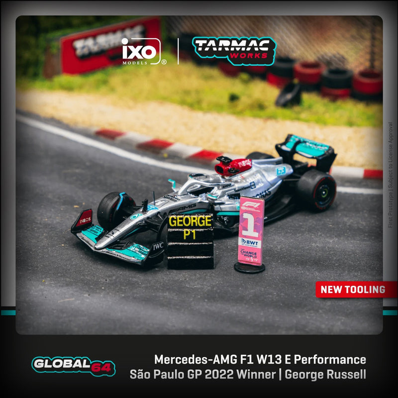 Load image into Gallery viewer, Mercedes Benz AMG F1 W13 E Performance #63 George Russell Winner Sao Paulo Grand Prix 2022 TARMAC WORKS 1:64

