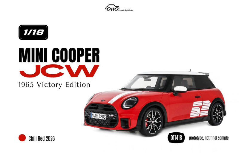 Laad de afbeelding in de Gallery-viewer, MINI COOPER JCW 1965 VICTORY EDITION CHILI ROOD 2026 OTTOmobile 1:18
