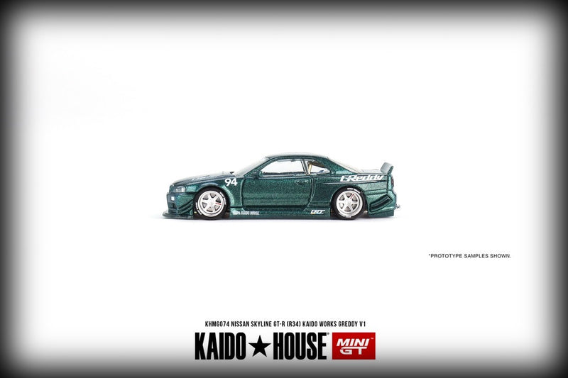 Chargez l&#39;image dans la visionneuse de la galerie, Nissan Skyline GT-R R34 Kaido Works Greddy V1 MINI GT 1:64
