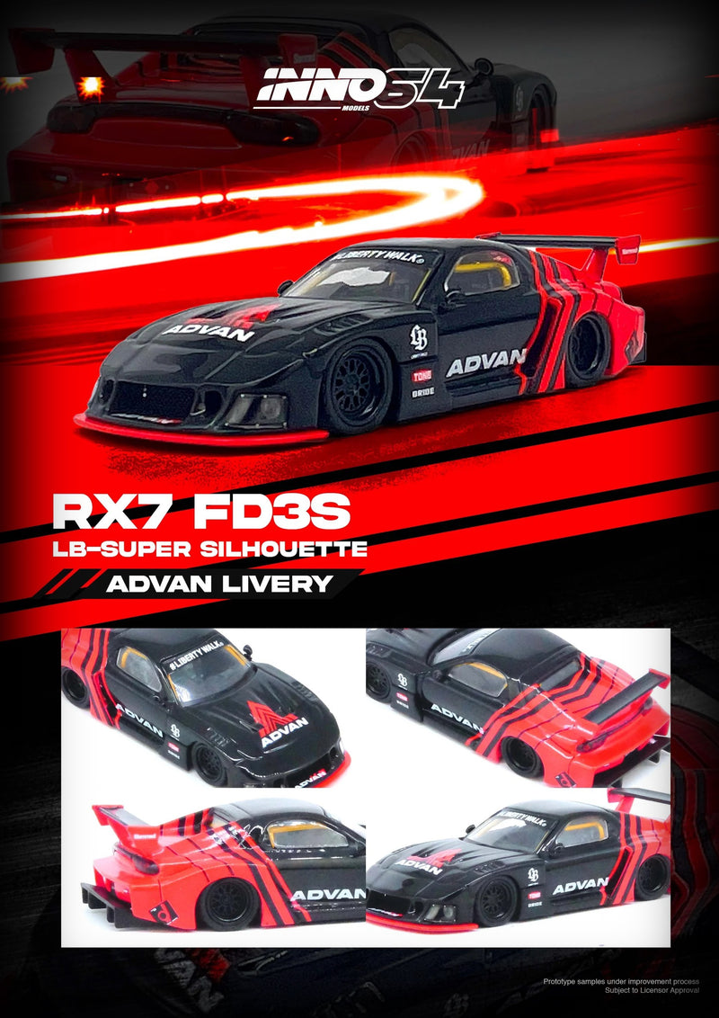 Load image into Gallery viewer, Mazda LBWK RX7 (FD3S) LB Super Silhouette *Advan Livery* Black/Red INNO64 Models 1:64
