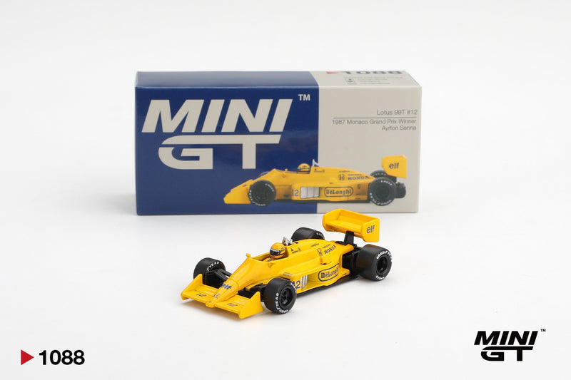 Laad de afbeelding in de Gallery-viewer, LOTUS 99T #12 AYRTON SENNA 1987 MONACO GRAND PRIX WINNAAR MINI GT 1:64
