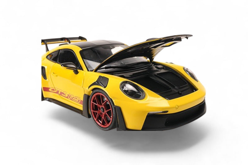 Chargez l'image dans la visionneuse de la galerie, Porsche 911 (992) GT3RS 2024 JAUNE AVEC PACK WEISSACH AVEC ROUES ROUGES Édition limitée 400 pcs MINICHAMPS 1:18
