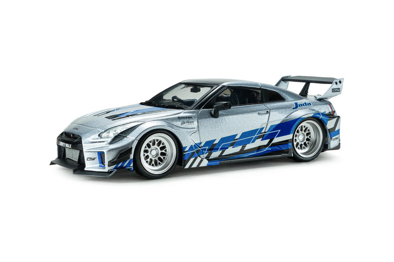 Laad de afbeelding in de Gallery-viewer, NISSAN GT-R (R35) LIBERTY WALK SILHOUETTE 2020 ZILVER EN BLAUWE STREPEN SOLIDO 1:43

