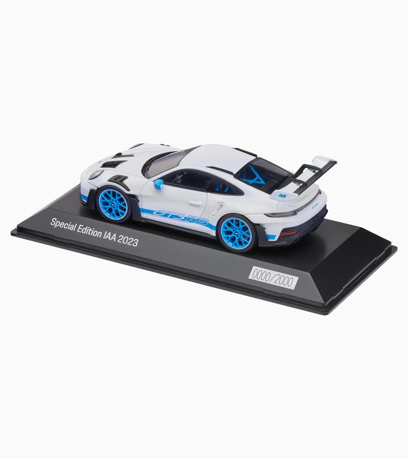 Laad de afbeelding in de Gallery-viewer, Porsche 911 GT3 RS (992) IAA SPECIAAL MODEL 2023 Wit/Blauw - LIMITED EDITION 1086/2000 stuks - PORSCHE DEALERMODEL 1:43
