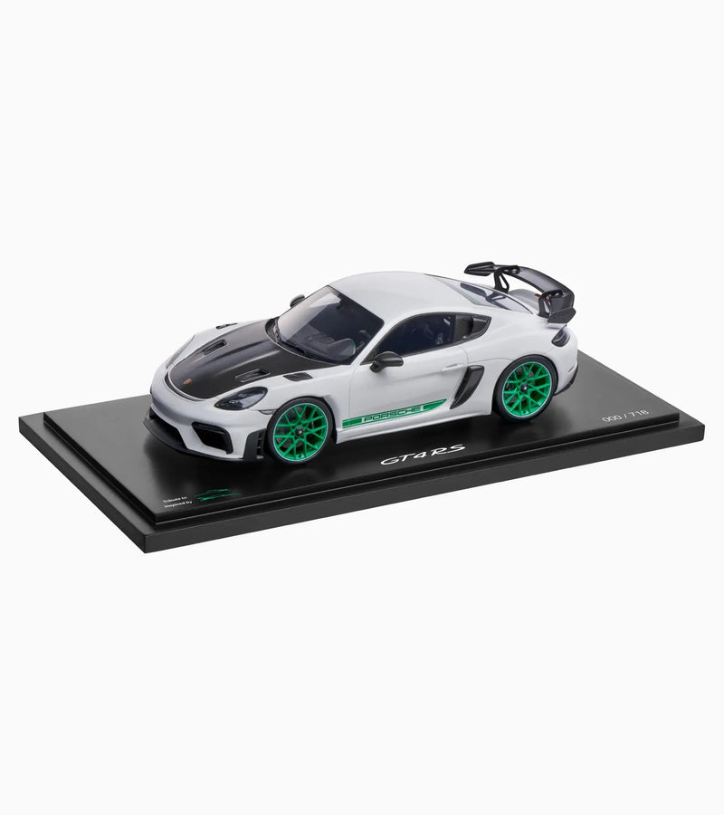 Load image into Gallery viewer, Porsche 718 Cayman GT4 RS Type 982 2021 (White/Green) with Case - LIMITED EDITION 488/718 pieces - PORSCHE DEALERMODEL 1:18
