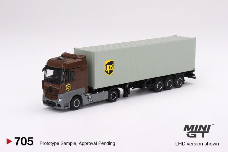 Load image into Gallery viewer, MERCEDES-BENZ ACTROS WITH 40 FT CONTAINER "UPS EUROPE" + FIGURINE: UPS DRIVER AND WORKERS MINI GT 1:64
