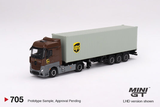 MERCEDES-BENZ ACTROS WITH 40 FT CONTAINER "UPS EUROPE" + FIGURINE: UPS DRIVER AND WORKERS MINI GT 1:64