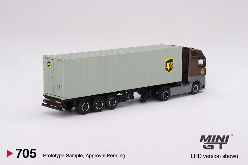Load image into Gallery viewer, MERCEDES-BENZ ACTROS WITH 40 FT CONTAINER "UPS EUROPE" + FIGURINE: UPS DRIVER AND WORKERS MINI GT 1:64
