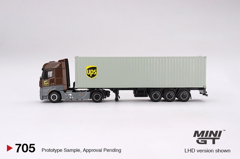 Load image into Gallery viewer, MERCEDES-BENZ ACTROS WITH 40 FT CONTAINER "UPS EUROPE" + FIGURINE: UPS DRIVER AND WORKERS MINI GT 1:64
