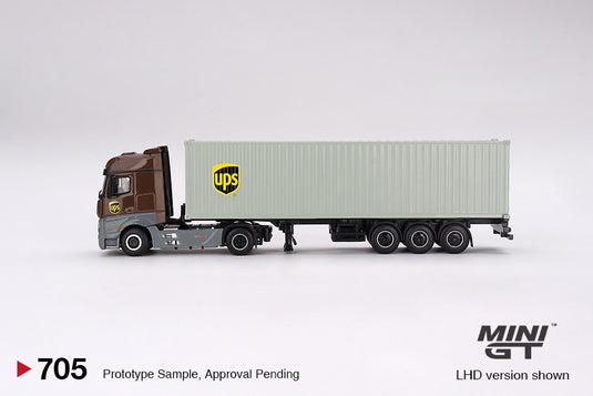 MERCEDES-BENZ ACTROS WITH 40 FT CONTAINER "UPS EUROPE" + FIGURINE: UPS DRIVER AND WORKERS MINI GT 1:64