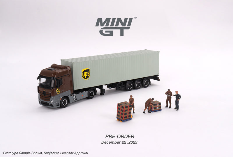 Load image into Gallery viewer, MERCEDES-BENZ ACTROS WITH 40 FT CONTAINER "UPS EUROPE" + FIGURINE: UPS DRIVER AND WORKERS MINI GT 1:64
