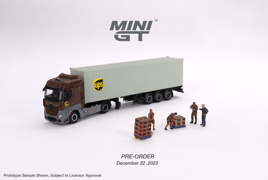 MERCEDES-BENZ ACTROS WITH 40 FT CONTAINER "UPS EUROPE" + FIGURINE: UPS DRIVER AND WORKERS MINI GT 1:64