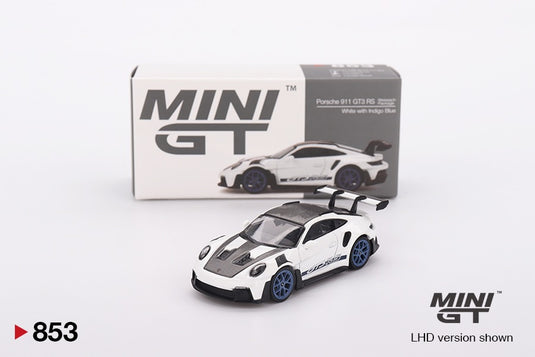 Porsche 911 (992) GT3 RS WEISSACH PAKKET WIT MET INDIGO BLAUW (LHD) MINI GT 1:64