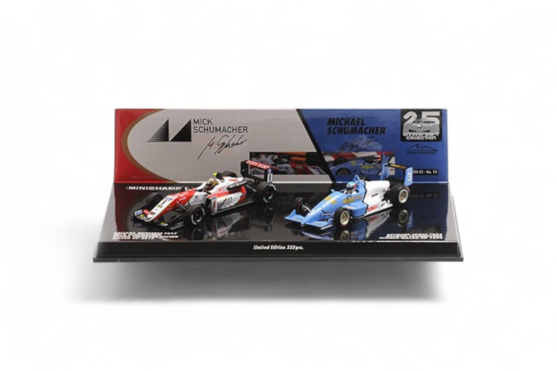 Load image into Gallery viewer, 2-CAR SET – REYNARD SPIESS F903/DALLARA MERCEDES F317 – MICHAEL/MICK SCHUMACHER – MACAU 1990/2018 ‼️LIMITED EDITION‼️ MINICHAMPS 1:43
