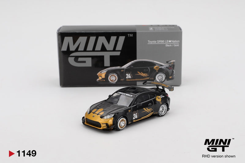 Laad de afbeelding in de Gallery-viewer, Toyota GR SUPRA LB-NATION ZWART &amp; GOUD 2025 (RHD) MINI GT 1:64
