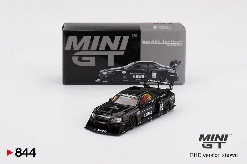 Laad de afbeelding in de Gallery-viewer, Nissan LB-ER34 SUPER SILHOUETTE SKYLINE ZWART 2024 (RHD) MINI GT 1:64

