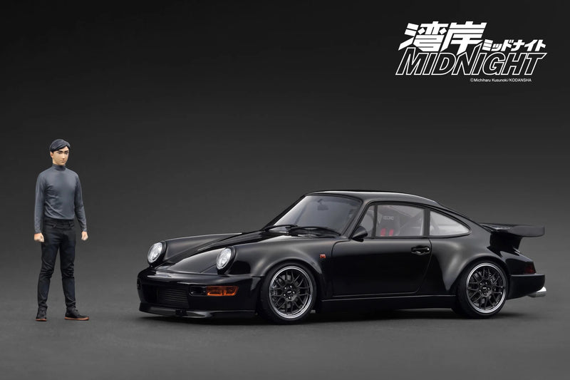 Load image into Gallery viewer, Porsche Blackbird (964) *MIDNIGHT* with Mr. Tatsuya Shima figure Black IGNITION MODEL 1:18
