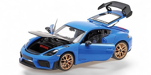 Porsche CAYMAN GT4 RS 2024 BLEU MÉTALLIQUE / ROUES DORÉES AVEC PACK WEISSACH MINICHAMPS 1:18