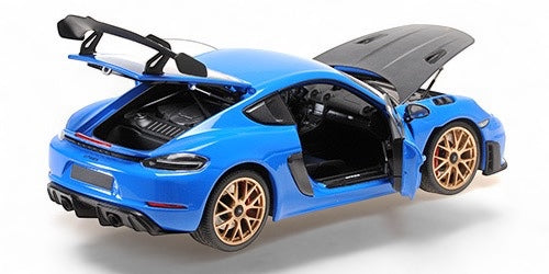 Porsche CAYMAN GT4 RS 2024 BLEU MÉTALLIQUE / JANTES DORÉES AVEC PACK WEISSACH MINICHAMPS 1:18