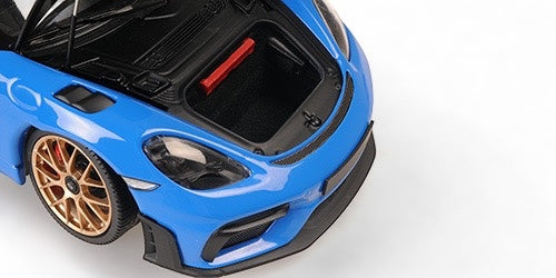 Porsche CAYMAN GT4 RS 2024 BLEU MÉTALLIQUE / JANTES DORÉES AVEC PACK WEISSACH MINICHAMPS 1:18