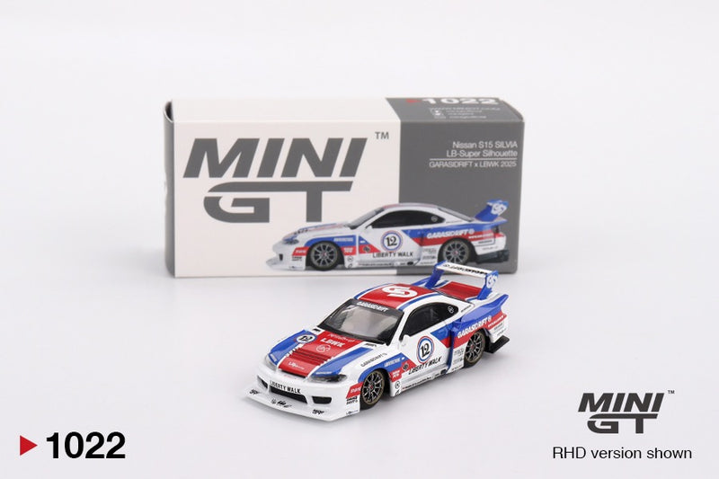Laad de afbeelding in de Gallery-viewer, Nissan SILVIA S15 LB-SUPER SILHOUETTE GARASIDRIFT X LBWK 2025 MINI GT 1:64

