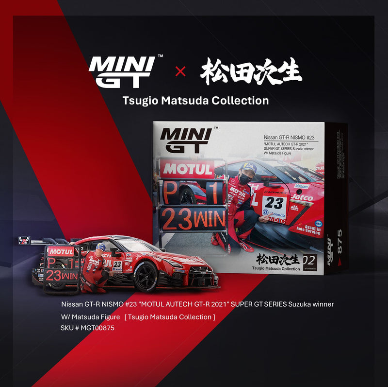 Load image into Gallery viewer, Nissan GT-R (R35) WITH MATSUDA FIGURE #23 MOTUL AUTECH SUZUKA WINNER 2021 (LHD) MINI GT 1:64
