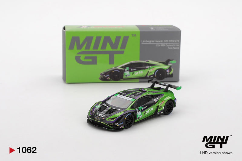 Laad de afbeelding in de Gallery-viewer, LAMBORGHINI HURACAN GT3 EVO2 #78 FORTE RACING DAYTONA 24 UUR 2024 MINI GT 1:64
