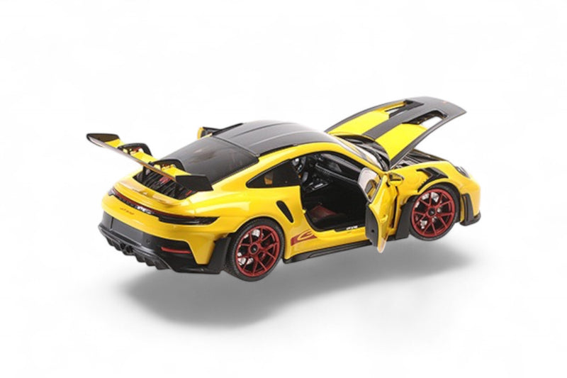 Chargez l'image dans la visionneuse de la galerie, Porsche 911 (992) GT3RS 2024 JAUNE AVEC PACK WEISSACH AVEC ROUES ROUGES Édition limitée 400 pcs MINICHAMPS 1:18
