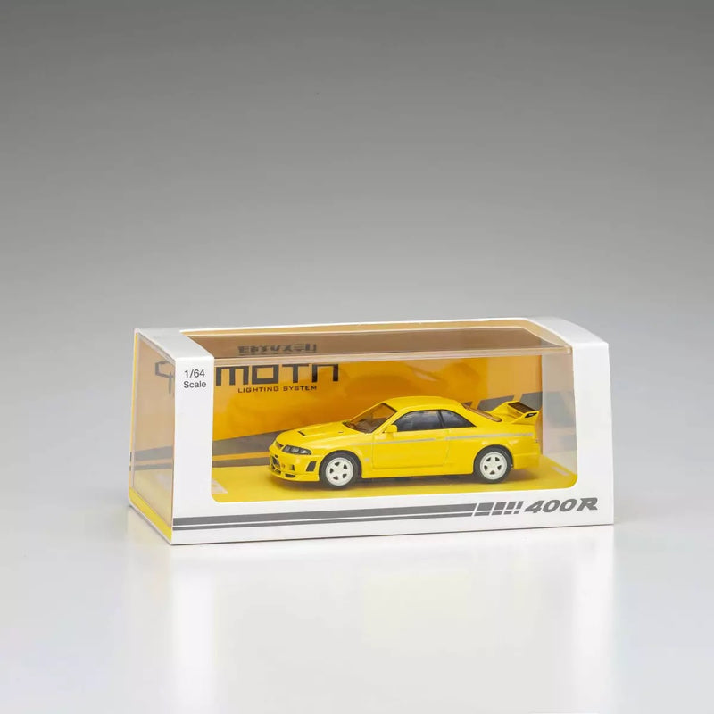 Chargez l&#39;image dans la visionneuse de la galerie, Nissan Skyline GT-R NISMO 400R R33 Jaune AVEC SYSTÈME LED 2003 + SYSTÈME DE BASE LED NOIR KYOSHO 1:64
