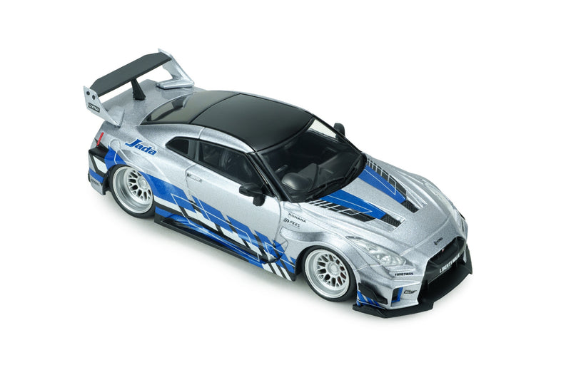 Laad de afbeelding in de Gallery-viewer, NISSAN GT-R (R35) LIBERTY WALK SILHOUETTE 2020 ZILVER EN BLAUWE STREPEN SOLIDO 1:43
