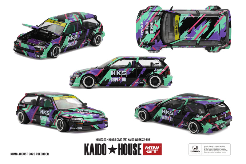 Laad de afbeelding in de Gallery-viewer, HONDA CIVIC (EF) KAIDO*WORKS HKS 1987 MINI GT 1:64
