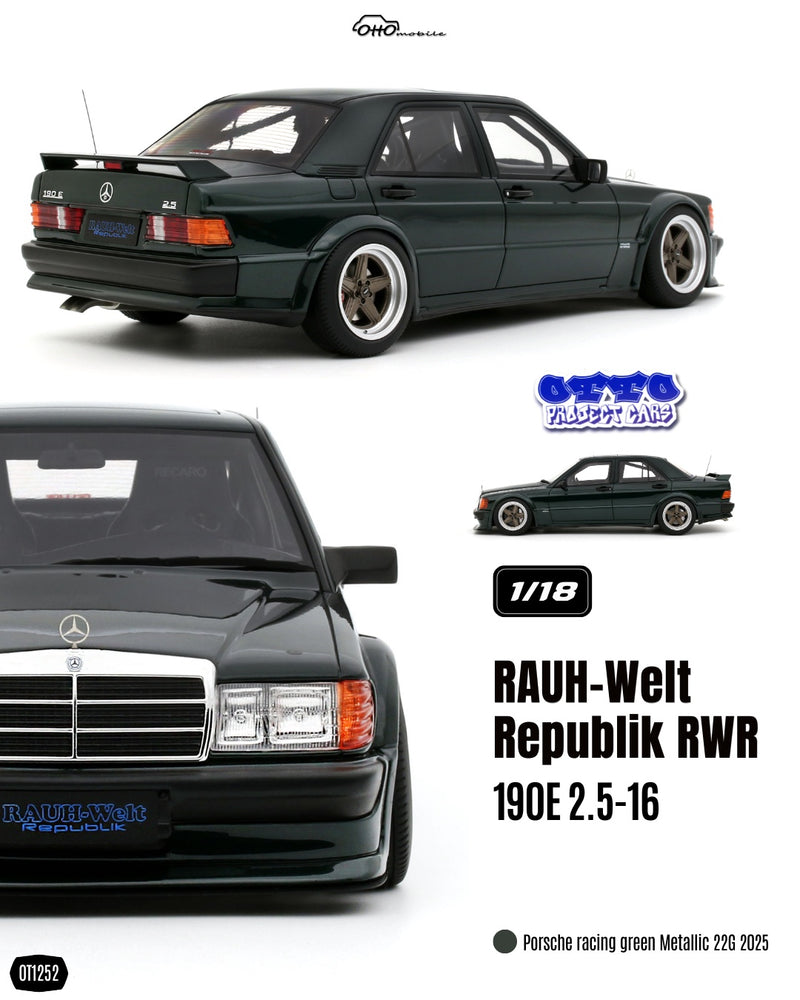Laad de afbeelding in de Gallery-viewer, MERCEDES-BENZ RAUH-WELT REPUBLIK RWR 190E 2.5-16 PORSCHE RACING GROEN METALLIC 22G 2025 OTTOmobile 1:18
