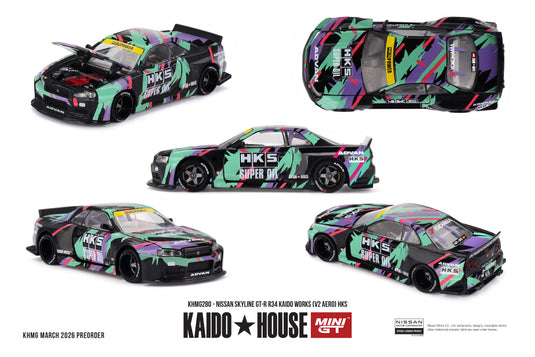 NISSAN SKYLINE GTR (R34) KAIDO WORKS (V2 AERO) HKS 1999 MINI GT 1:64