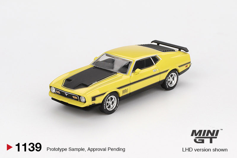 Laad de afbeelding in de Gallery-viewer, Ford MUSTANG MACH 1 GRABBER GEEL 1971 (LHD) MINI GT 1:64
