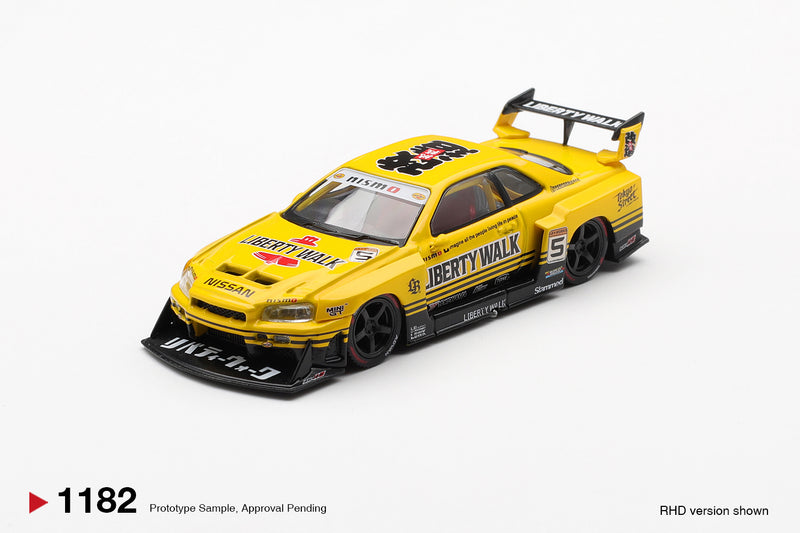 Laad de afbeelding in de Gallery-viewer, NISSAN GTR (R34) SKYLINE SUPER SILHOUETTE SPORT GEEL 2025 (RHD) MINI GT 1:64
