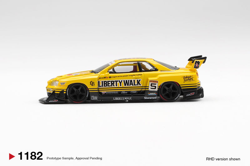 Laad de afbeelding in de Gallery-viewer, NISSAN GTR (R34) SKYLINE SUPER SILHOUETTE SPORT GEEL 2025 (RHD) MINI GT 1:64
