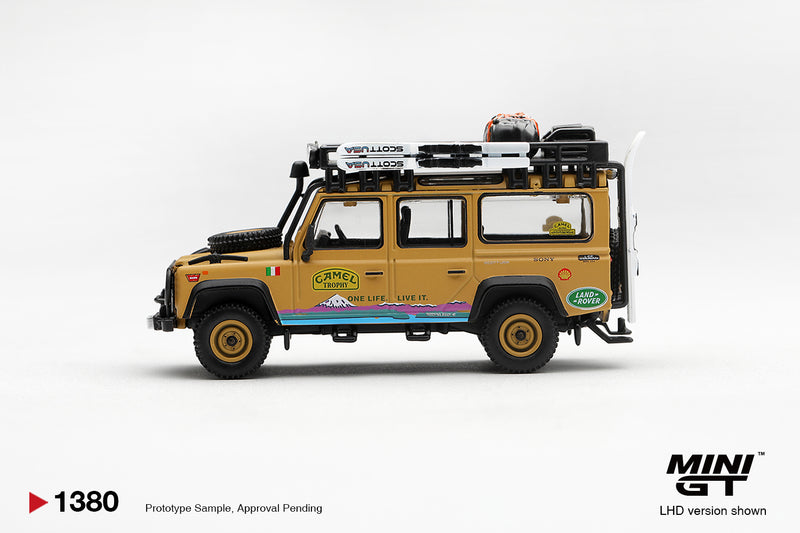 Load image into Gallery viewer, LAND ROVER DEFENDER 110 CAMEL TROPHY TEAM ITALY TIERRA DEL FUEGO CT24 1998 MINI GT 1:64
