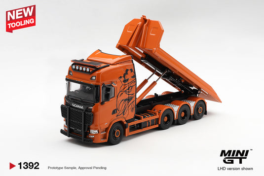 SCANIA 770S B8X4NA HOOKLIFT FLATBED ORANGE 2025 MINI GT 1:64