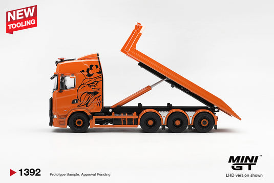 SCANIA 770S B8X4NA HOOKLIFT FLATBED ORANGE 2025 MINI GT 1:64