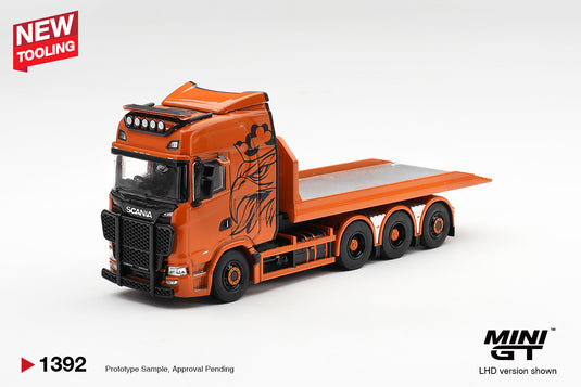 SCANIA 770S B8X4NA HOOKLIFT FLATBED ORANGE 2025 MINI GT 1:64