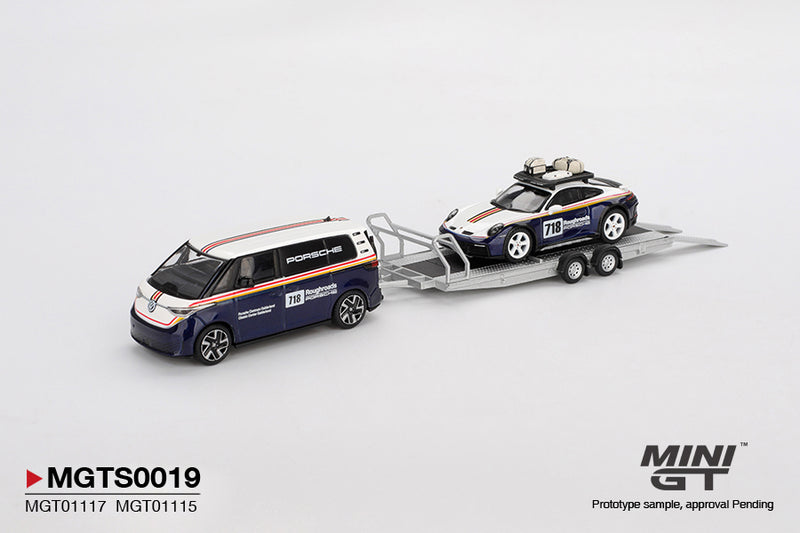 Chargez l&#39;image dans la visionneuse de la galerie, SET PORSCHE 911 DAKAR #718 + VOLKSWAGEN ID. BUZZ PORSCHE CENTRUM GELDERLAND ROUGHROADS 2025 (LHD) MINI GT 1:64
